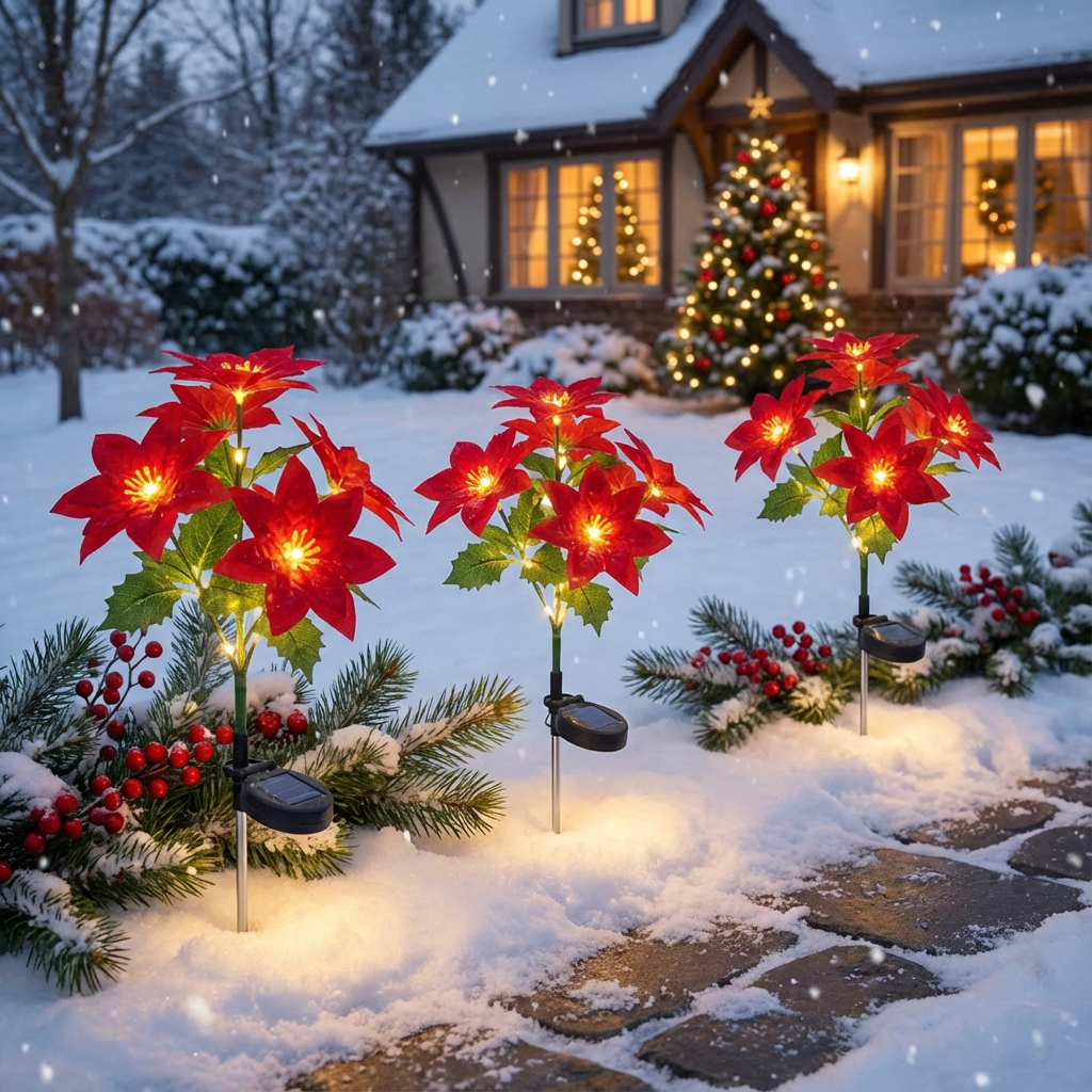 4-pack Poinsettia Solar Garden Lights • Gardenbreezy